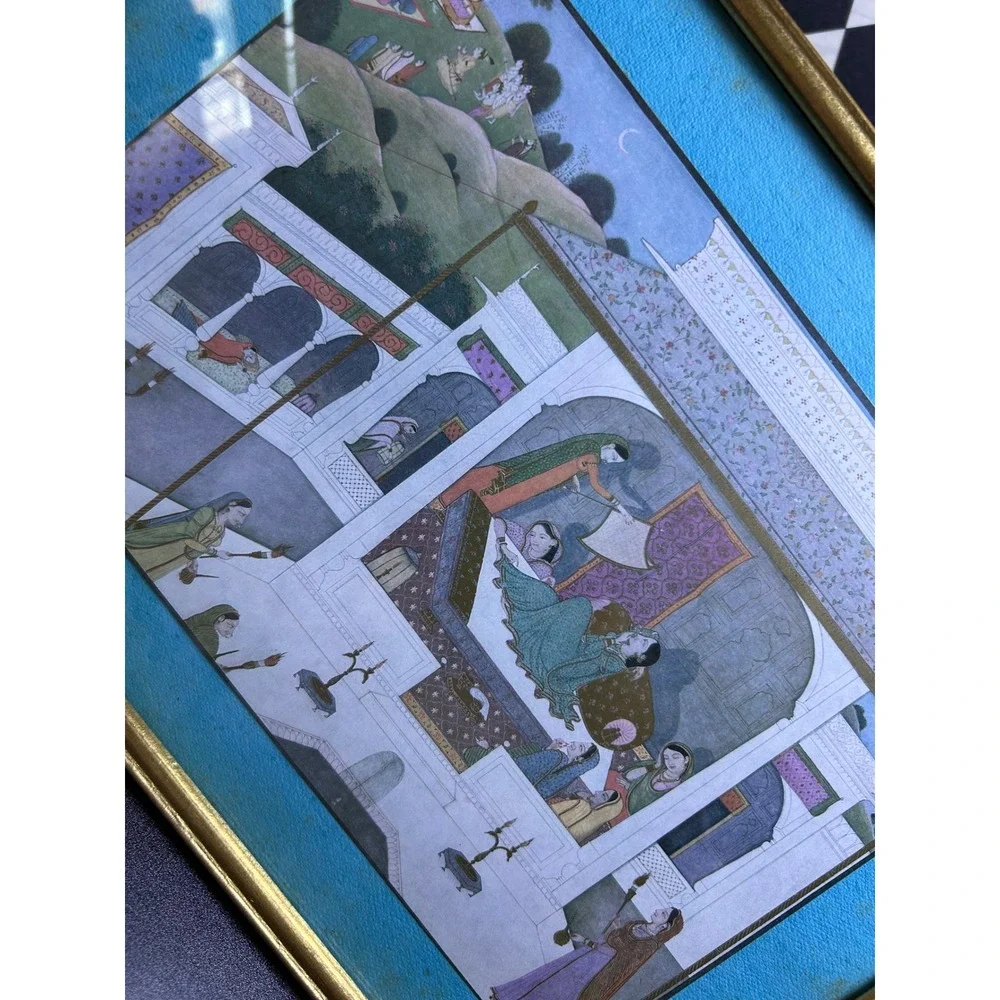 Vintage Framed Indian Pahari Mahabharata Print Palace Scene Wall Art
